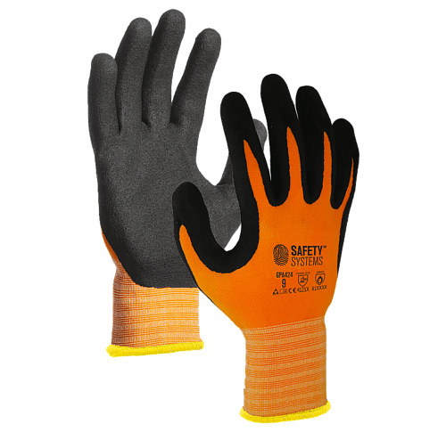 [101-000047-06] LZ GPA424 Seamless polyamide/spandex GLOVE, orange color liner, black sandy nitrile foam coating on palm MEC. ACCURATE (6)